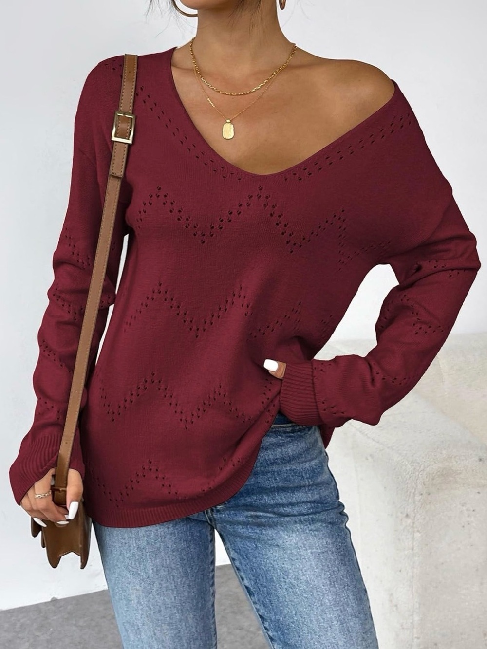 zeagoo Off-the-Shoulder V‑Neck Pointelle Sweater - Burgundy